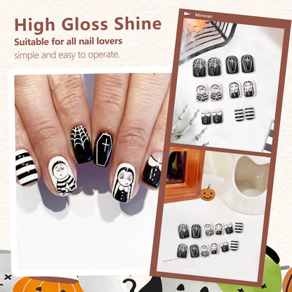 Halloween Horror Press on Nails Glossy Fake Nails Black White Stripe Spider Web Halloween Nail Art Designs Square Short False Nails Reusable Artificial Nails Full Cover Glue on Nails for Women 24 Pcs