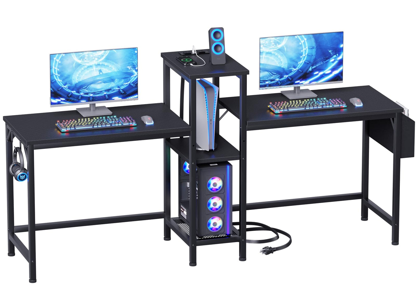 Furologee Double Desk with Power Outlets, 71 Inch Computer Desk with Storage Bag and Headphone Hooks, Gaming Desk Study Writing Table for Home Office, Black