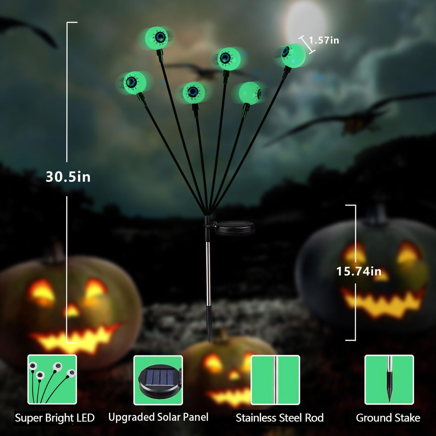 2025 Upgraded 6 Pack Halloween Decorations Outdoor, Green Solar Eyeball Lights, 36 LED Eye Balls Swaying Firefly Light Waterproof (Soft Glowing or Steady on) for Garden Lawn Pathway Grave Yard Decor