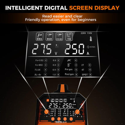 FEMEROL 250A MIG Welder,6 in 1 Gas MIG/Gasless Flux Core/Stick/Lift TIG/Spot Welding/Spool Gun Compatible Aluminum Welding Machine Large LED Display 110V/220V Multi Process Welder