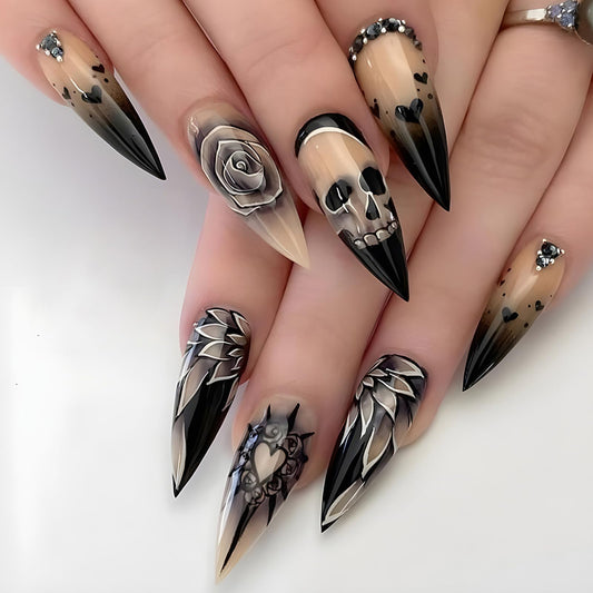 KKUUOO Stiletto Press-on Nails - Goth Fake Nails with Skull & Black Rose Design, Rhinestone Full Cover Acrylic Nails, 24pcs for Women, Girls & Halloween Manicure
