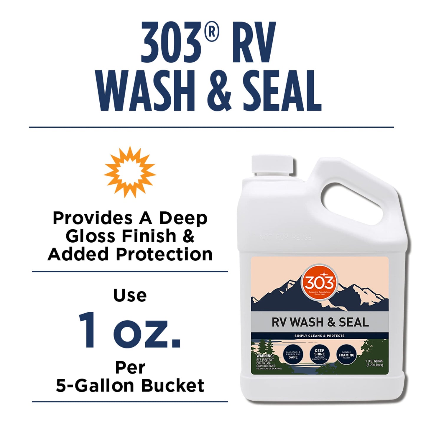 303 Products RV Wash & Seal - Clean, Streak-Free Finish, pH Neutral with High Foaming Formula, Provides A Deep Gloss Finish on RVs, Campers, Pop-ups, and Motorhomes, 1 Gallon (30240)