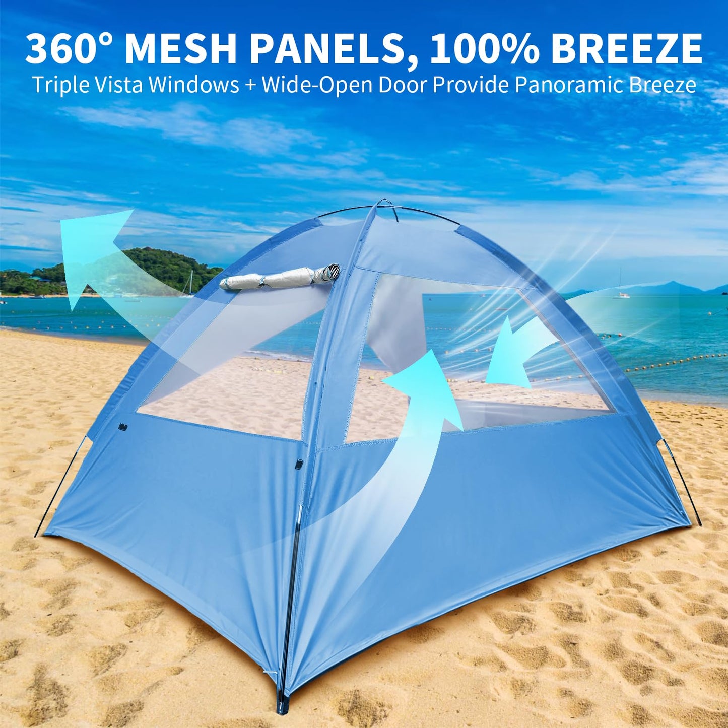 COVACURE Beach Tent Sun Shelter for 3-4 Person - UPF 50+ UV Protection Beach Shade, Waterproof & Lightweight, Easy Setup Portable Sun Canopy for Camping, Fishing, Beach