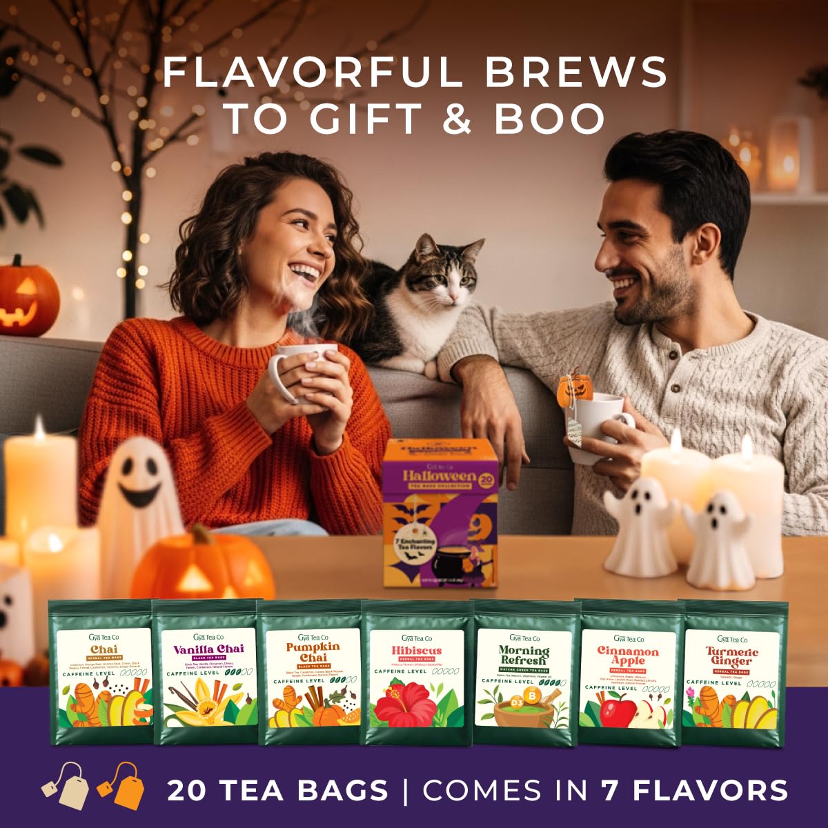 Gya Tea Co Halloween Tea Collection Autumn Tea Variety Pack, Caffeinated & Caffeine Free Holiday Gift Sampler Blends - 7 Flavors, 20 Bags Total - Easy Brew, Natural Quality Ingredients