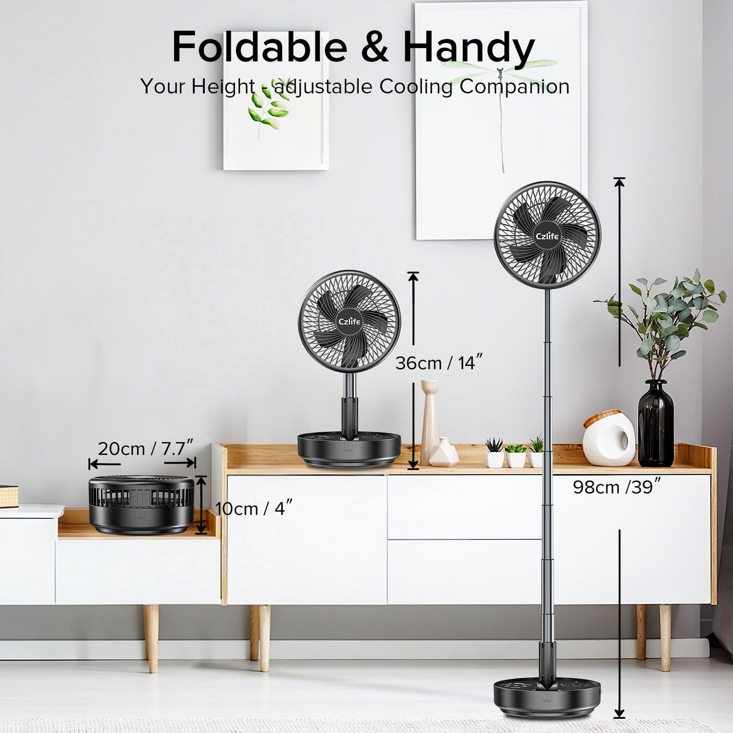 Czlife F9 Portable Fan, 10000mAh Rechargeable Battery Powered for Travel Sleeping Camping Bedroom Outdoor, Cordless Floor Desk Fan, Oscillating Folding USB Fan with Remote, 4 Speed, Timer, 7.7"