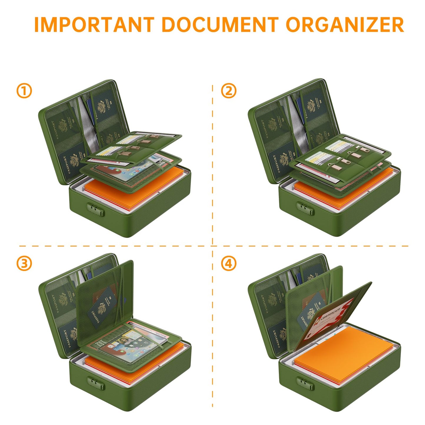 DocSafe 5200°F Document Organizer with Lock,Upgraded Heat Insulated Fireproof＆Waterproof Box 8 Layers File Organizer,Portable Home Travel Safe Storage for Important Documents, Files,Green (Soft)
