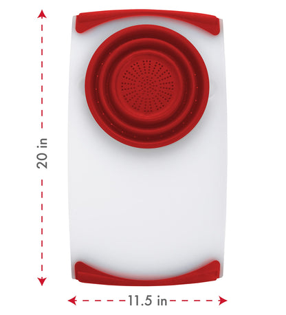 Dexas Over the Sink Poly Cutting Board with Collapsible Colander Strainer, 11.5 x 20",Natural/Red