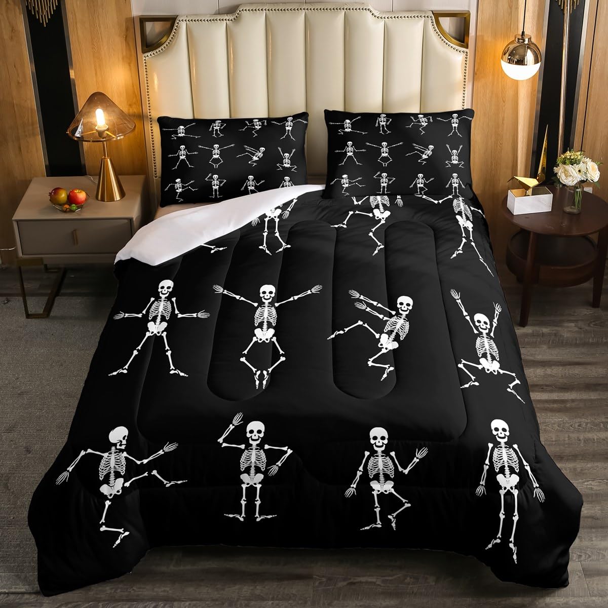 Erosebridal Sugar Skull Comforter Set Full Size Skeleton Bones Bedding Set for Kids Boys Girls Teens Adult Halloween Horror Theme Down Comforter Gothic Spooky Duvet Sets with 2 Pillow Cases