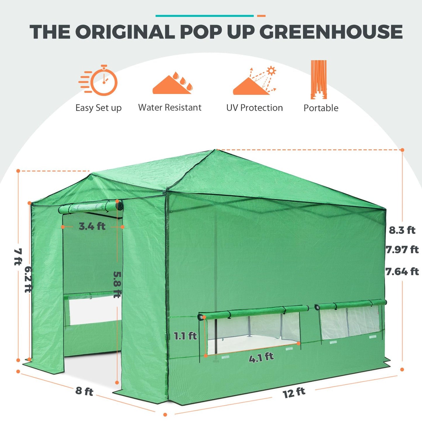 EAGLE PEAK 12x8 Portable Large Walk-in Greenhouse Instant Pop-up Fast Setup Indoor Outdoor Plant Gardening Green House Canopy, Front Roll-Up Zipper Entry Doors and Roll-Up Side Windows, Green