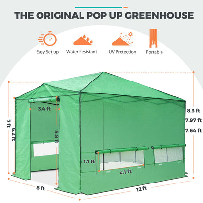 EAGLE PEAK 12x8 Portable Large Walk-in Greenhouse Instant Pop-up Fast Setup Indoor Outdoor Plant Gardening Green House Canopy, Front Roll-Up Zipper Entry Doors and Roll-Up Side Windows, Green