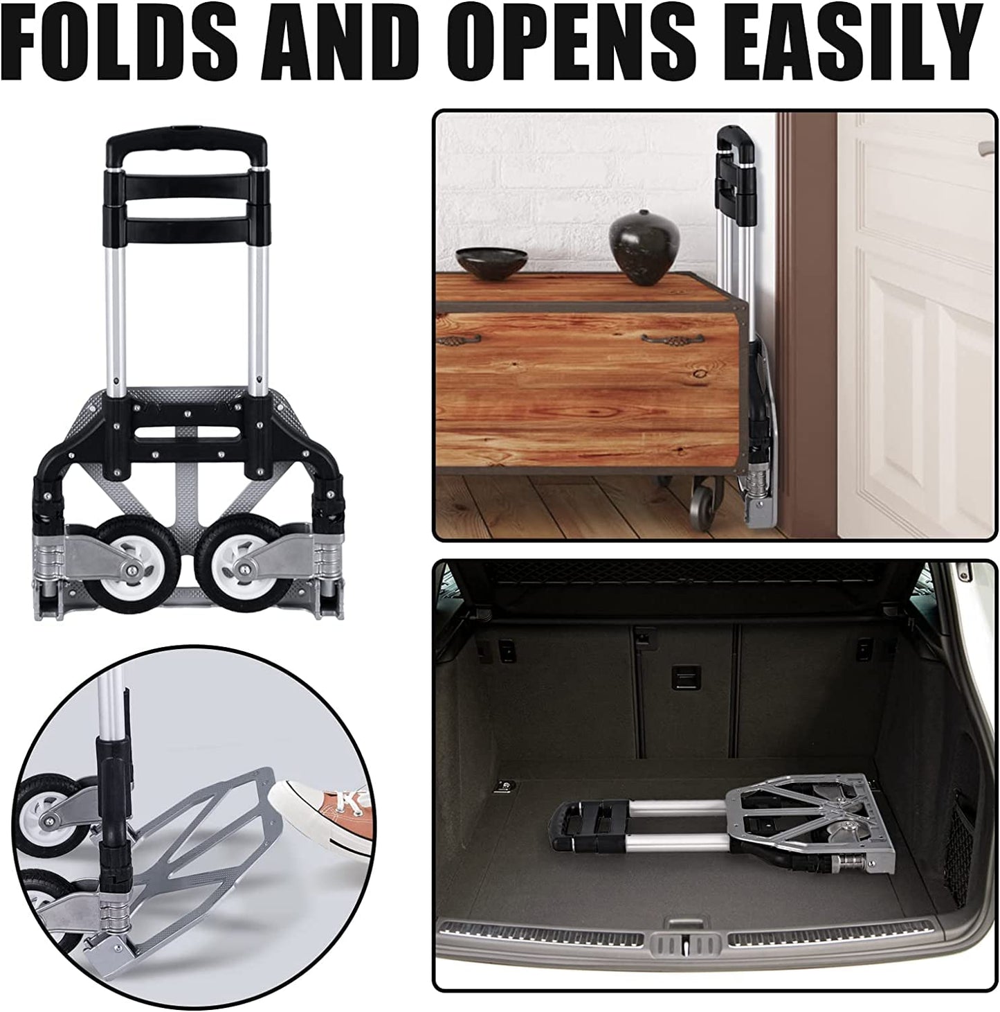 Folding Hand Truck Dolly Aluminum Folding Hand Cart Luggage Trolley Cart Max 175lbs Capacity Dolly Cart, with Telescoping Handle and Rubber Wheels, Double Bearings