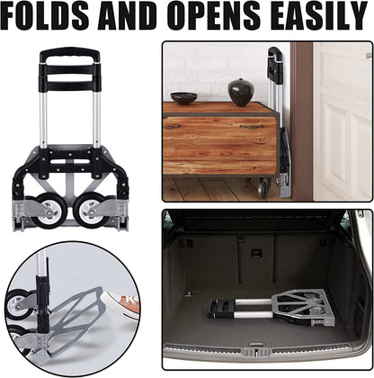 Folding Hand Truck Dolly Aluminum Folding Hand Cart Luggage Trolley Cart Max 175lbs Capacity Dolly Cart, with Telescoping Handle and Rubber Wheels, Double Bearings