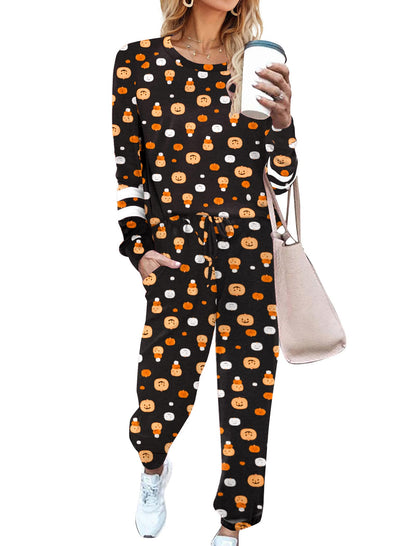 Ekouaer Sweatsuits Womens Loungewear Set Tracksuit Long Sleeve Pajamas Set with Pockets 2 Piece Outfits Lounge Sets Halloween Pumpkin Small