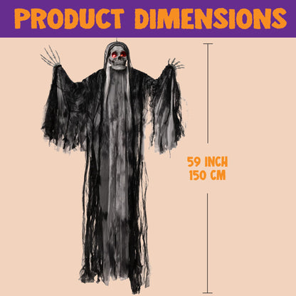 JOYIN 59” Halloween Animated Hanging Grim Reaper Outdoor Decorations with Glowing Eyes and Creepy Sound, Halloween Skeleton Ghost Decoration for Haunted House Prop Graveyard Lawn Indoor Party Supplies