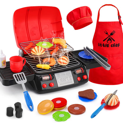 Kids Grill Playset Kitchen Toys with Apron Hat for Cooking Food Smoke Light Outdoor Pretend Play Accessories BBQ Outside Camping Barbecue Toddler Boy Toy 2 3 4 5 Year Old 4-8 Birthday Gift Valentine
