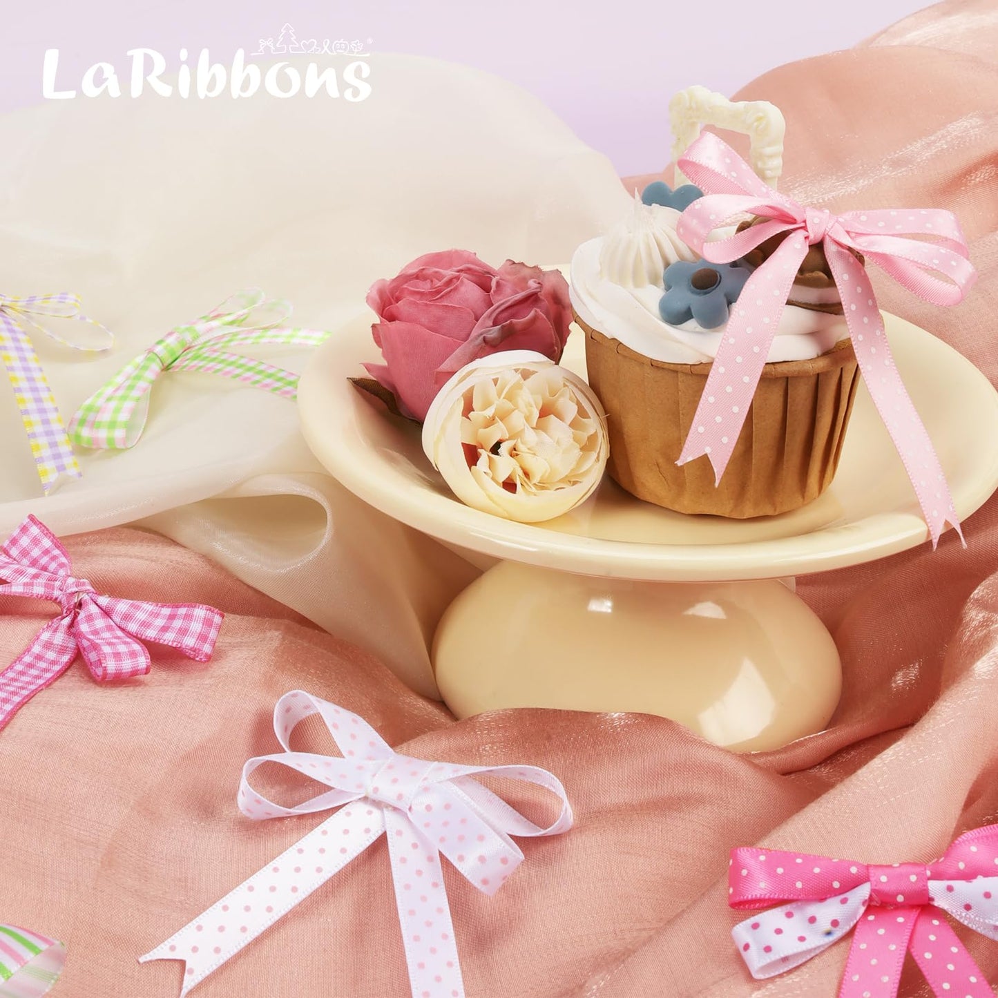 LaRibbons Polka Dot Satin Ribbon Variety Pack 100 Yards, 3/8" X 10 Yards/Roll Hot Pink Red Purple Khaki Assorted Ribbons for Crafts, Valentines, Gift Wrapping, Hair Bows