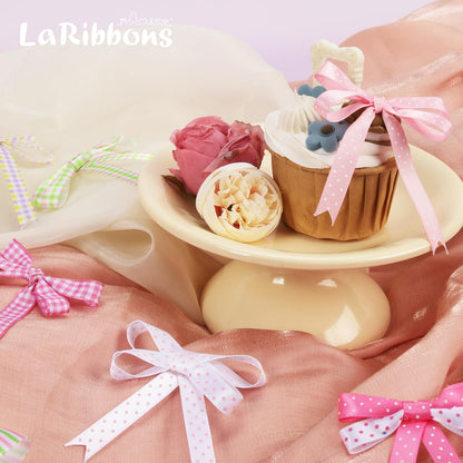 LaRibbons Polka Dot Satin Ribbon Variety Pack 100 Yards, 3/8" X 10 Yards/Roll Hot Pink Red Purple Khaki Assorted Ribbons for Crafts, Valentines, Gift Wrapping, Hair Bows