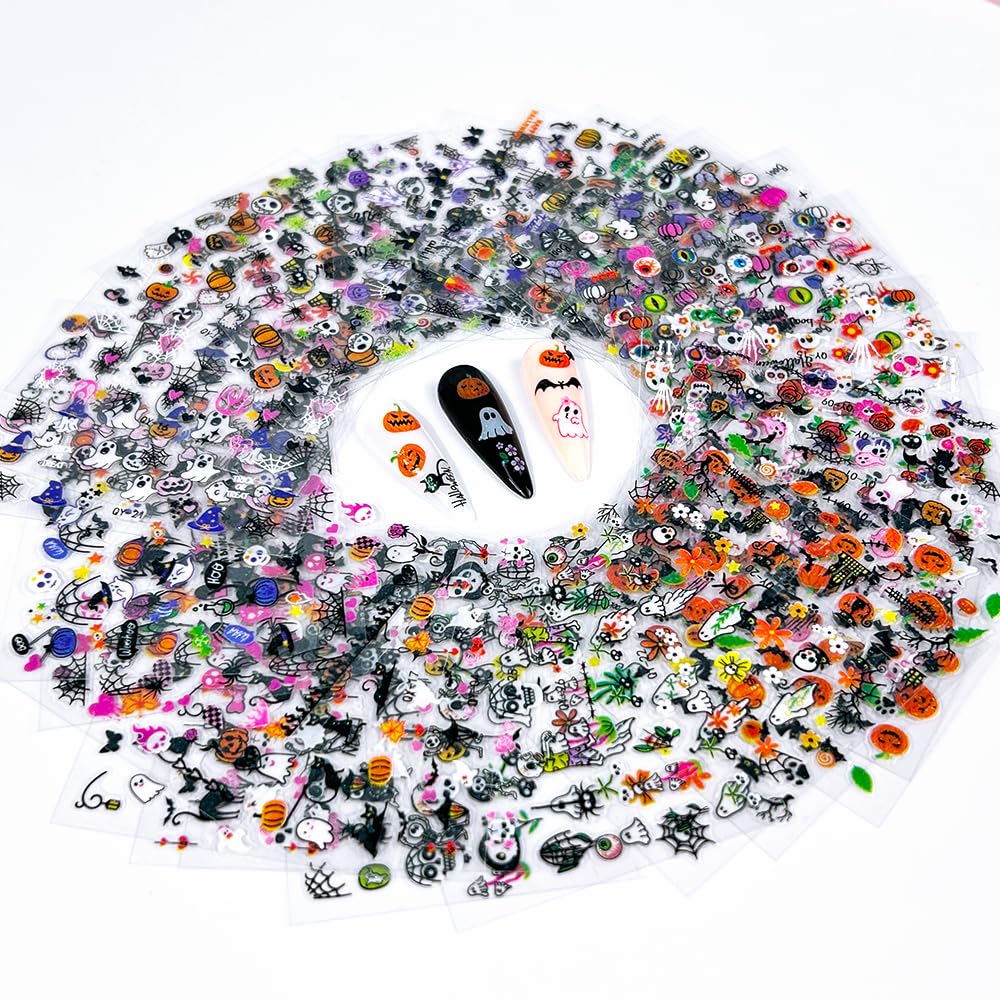 30 Sheet Halloween Nail Art Stickers Decals Cute Ghost Pumpkin Design Spider Web Scary Eyes Acrylic Nails Supplies for Women Manicure Decorations
