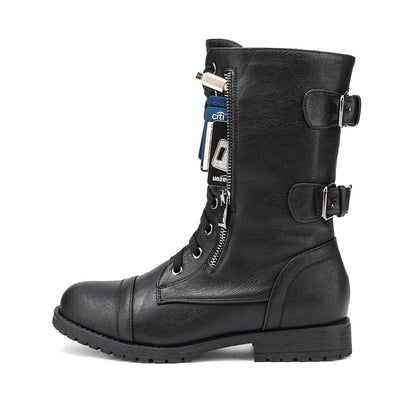 DREAM PAIRS Women's Combat Boots, Mid Calf Built-in Wallet Pocket Lace up Military Ankle Booties,Size 10,Classic Black,TERRAN