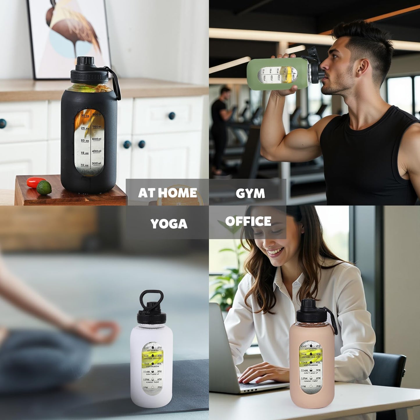 40oz Glass Water Bottle with Handle Lid Time Marker Motivational Sport Water Jug with Silicone Sleeve Water Flask Canteen Wide Mouth Water Bottle for Gym Workout Travel Office Home Everyday Hydration