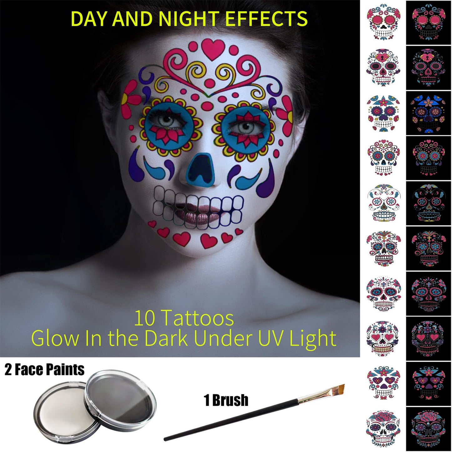 Jim&Gloria Black and White Face Paint with Brush, Waterproof Day of the Dead Tattoo Professional SFX Makeup Kit for Joker, Clown, Mime, Cosplay, Costume Skull Skeleton, Sports Body Painting Set