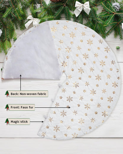 COOLWUFAN 48 Inches Faux Fur Christmas Tree Skirt for Xmas Tree Holiday Party Decoration White Plush Gold Sequin Snowflake (Gold)