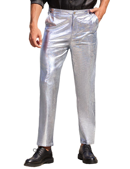 COOFANDY Men's Shiny Silver Pants Disco Night Club Pants 70s 80s 90s Party Dance Pant Straight Leg Trousers