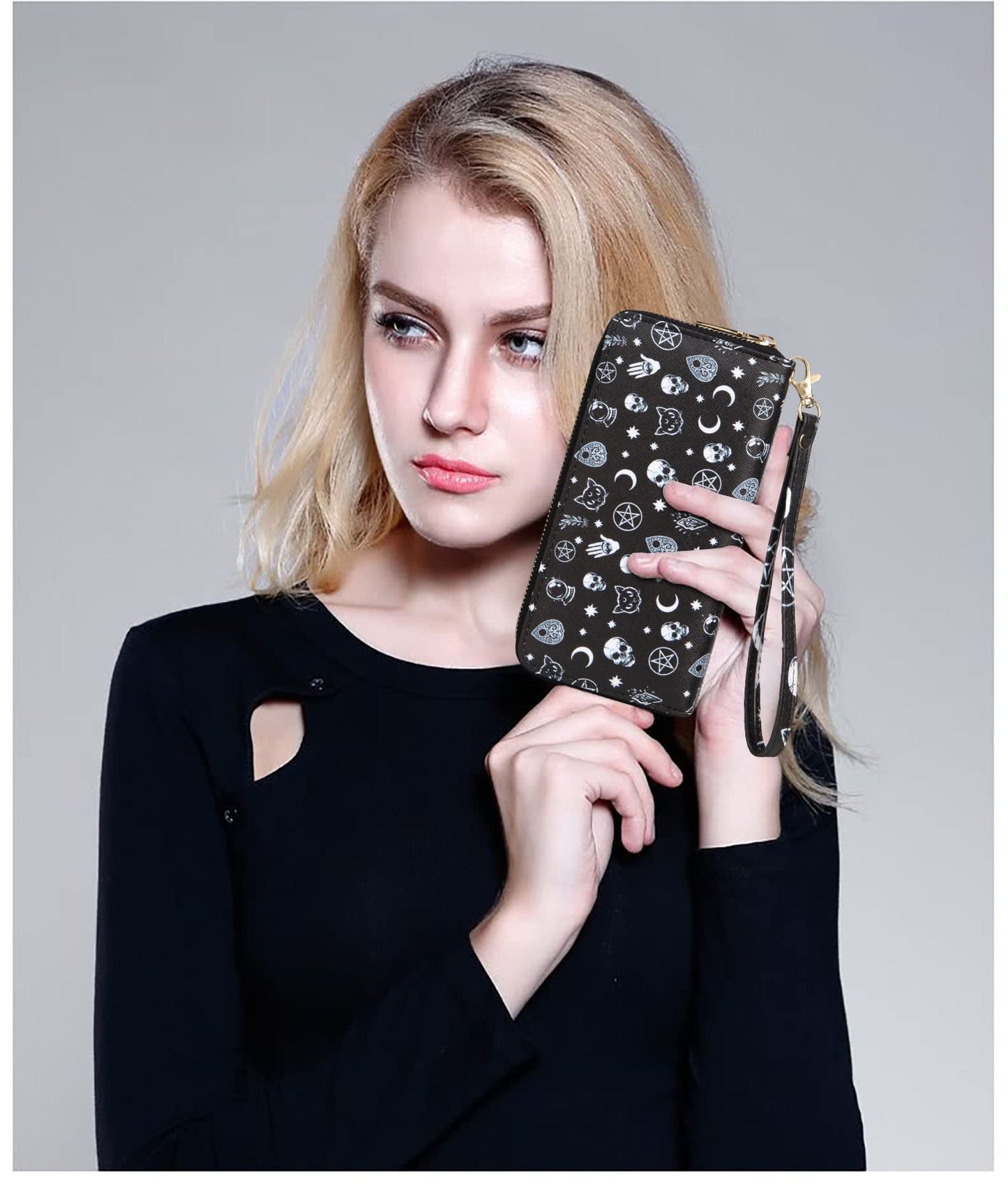 Fanwill Skull Halloween Wallet Gothic Purse For Women Wristlet Zip Around Goth Wallets Card Holder (Skull)