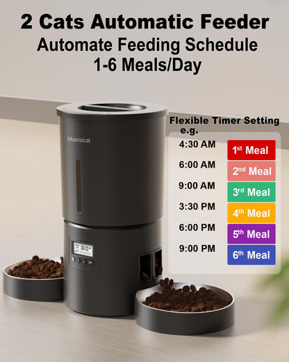 Dual Automatic Cat Feeder 2 Cats,6 Meals/Day,12 Portions/Meal,4.2L Dual Power Double Bowls Feeder,Dry Food Auto Pet Dispenser,10S Voice Record,Flexible Schedule Timer (Black,Stainless Dual Bowls)