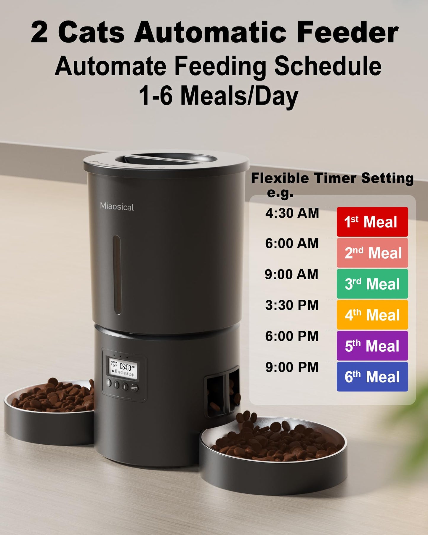Dual Automatic Cat Feeder 2 Cats,6 Meals/Day,12 Portions/Meal,4.2L Dual Power Double Bowls Feeder,Dry Food Auto Pet Dispenser,10S Voice Record,Flexible Schedule Timer (Black,Stainless Dual Bowls)