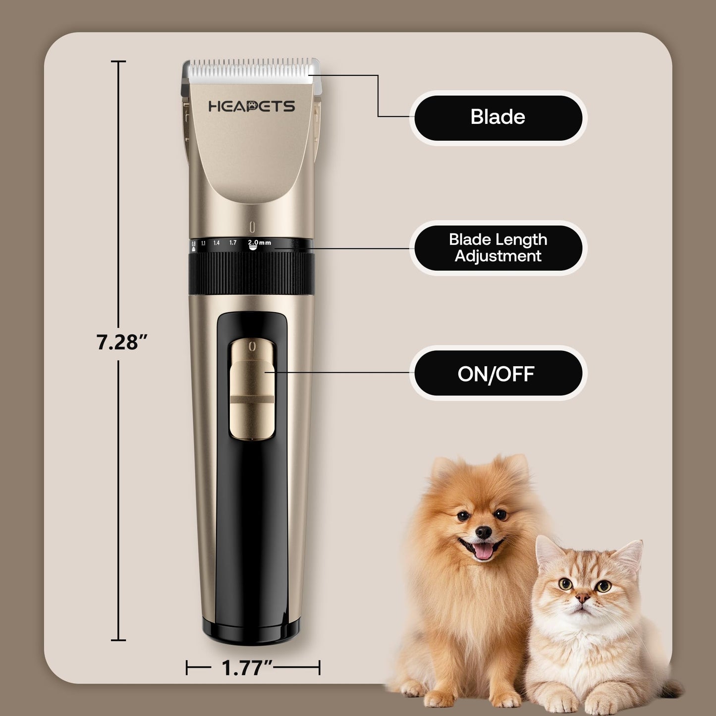 HEAPETS Dog Grooming Clippers, Low Noise, Electric Quiet, Adjustable Clipper Comb, Rechargeable Cordless Dog Hair Clippers for Dogs Cats Pets, Gold
