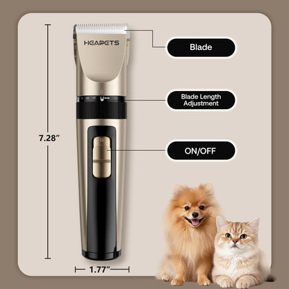 HEAPETS Dog Grooming Clippers, Low Noise, Electric Quiet, Adjustable Clipper Comb, Rechargeable Cordless Dog Hair Clippers for Dogs Cats Pets, Gold