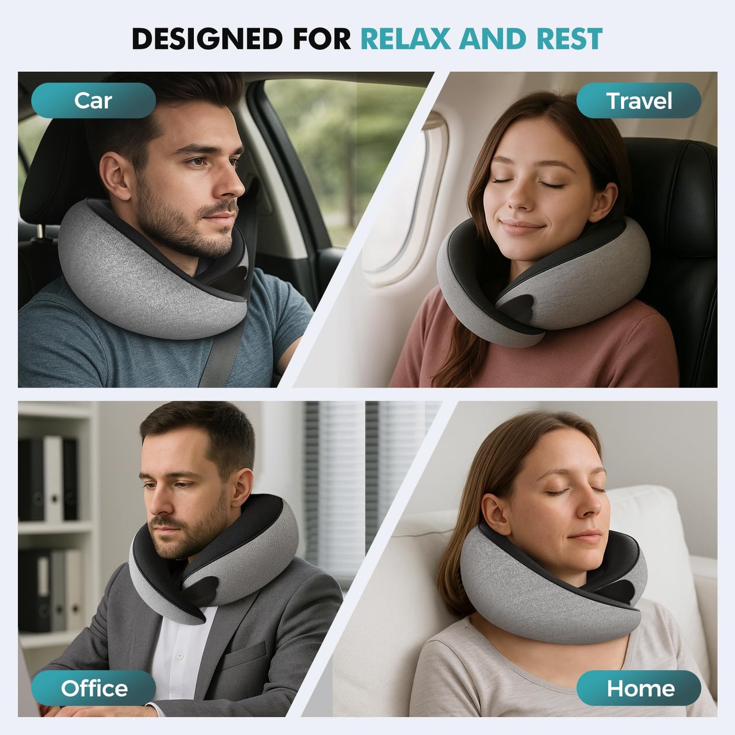 FIOGIKO Travel Neck Pillows for Airplanes, 360° Ergonomic Memory Foam Travel Pillow - Relief Neck Pain with Breathable Support for Long Flights, Car, Train & Office Use - Adults & Kids
