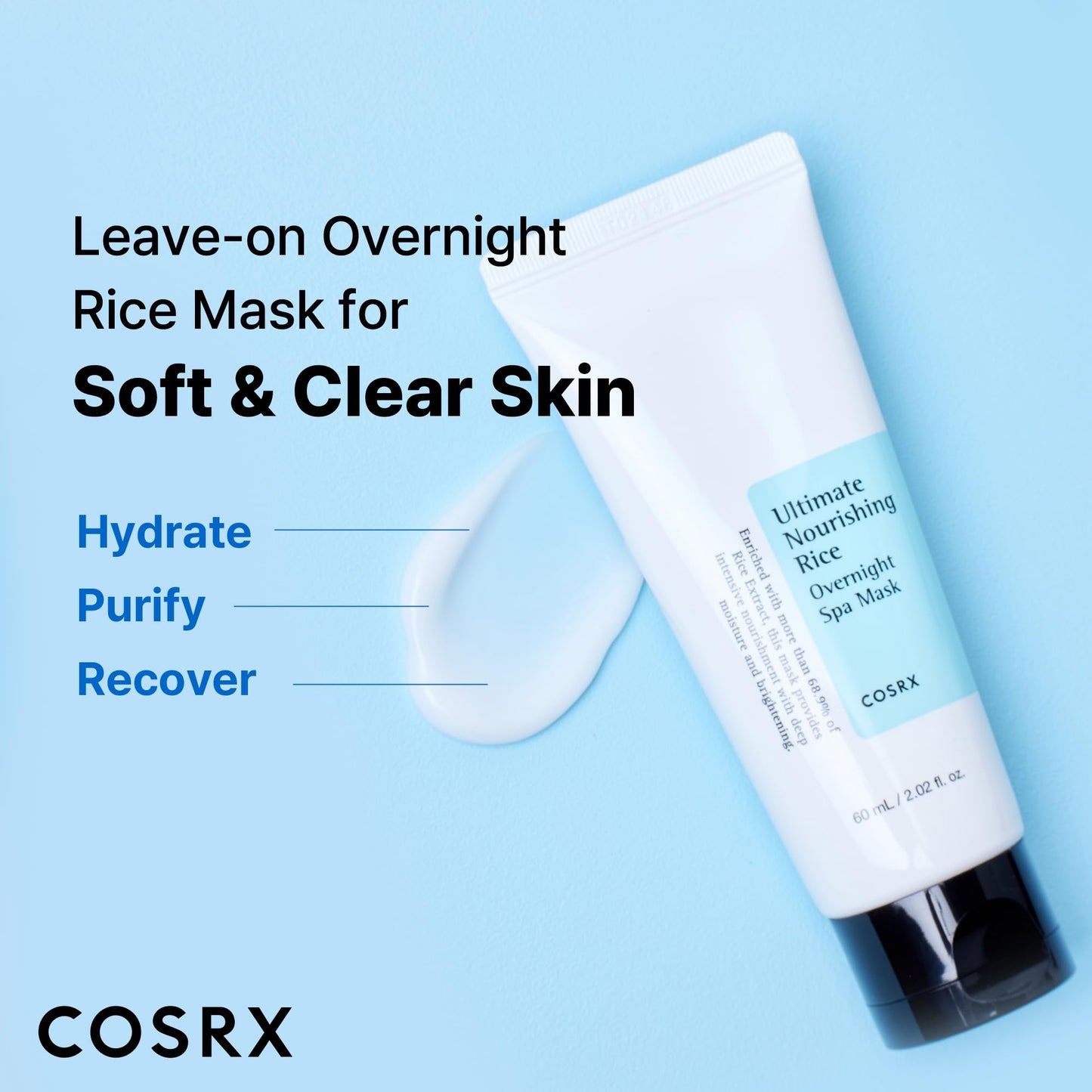 COSRX Ultimate Nourishing Rice Overnight Spa Mask 60ml | Rice Extract 68% and Niacinamide 2% | Korean Skin Care, Animal Testing Free, Paraben Free