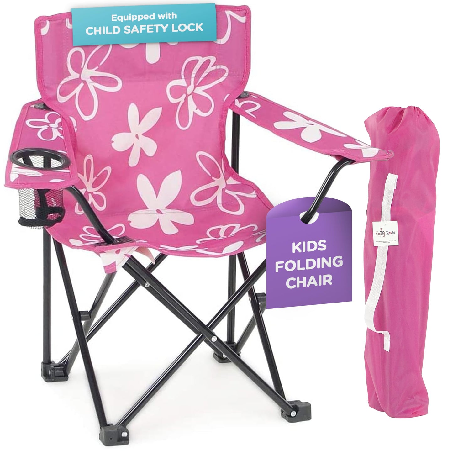 Emily Rose Kids Pink Flowers Folding Beach Camping Camp Chair with Safety Lock, Carry Case & Cup Holder - for Girls Toddlers - Tailgate, Travel, Lawn, Sports - Indoor & Outdoor | USA Company