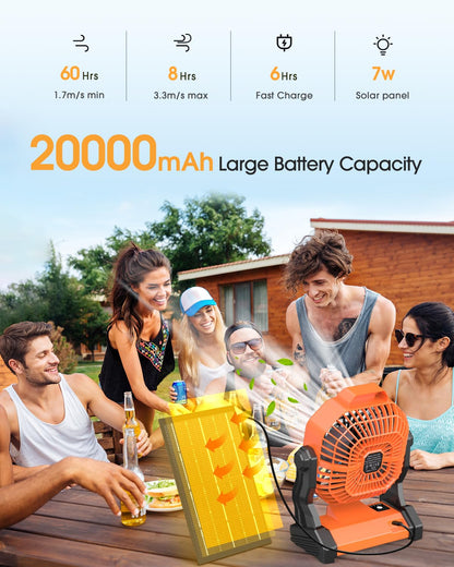 20000mAh Solar Fan, Camping Fan with Solar Panel, 7W 9-Inch Rechargeable Battery Operated Fans for Outside, LED Lantern, Stepless Speed and Quiet Battery Powered Solar Tent Fans for Outdoor, Barbecue