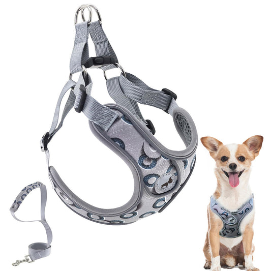 Dog Harness with Leash Set, Reflective Strips Step in with Breathable Padded Vest Harness for Small Dogs Running (S, Gray with Circle)