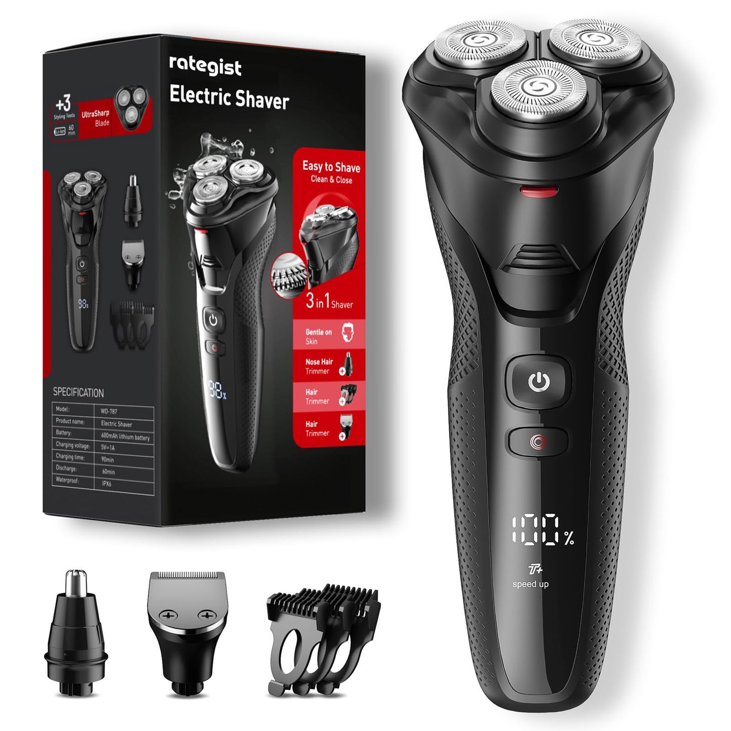 rategist Electric Razor for Men Cordless: 3-in-1 Electric Shaver for Face/Beard/Nose/Sideburns - IPX7 Waterproof Travel Kit - Precision Blades & Turbo Speed
