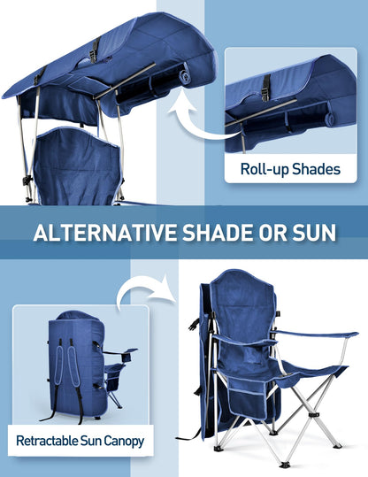 Docusvect Beach Chair with Canopy Shade, Folding Camping Chair with Canopy with Cup Holder, Side Pocket for Camp, Beach, Tailgates, Fishing - Support 330 LBS