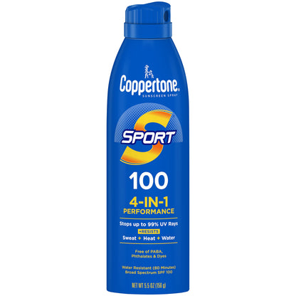 Coppertone SPORT Sunscreen Spray SPF 100, Water Resistant, Continuous Spray Sunscreen, Broad Spectrum SPF 100 Sunscreen, 5.5 Oz Spray