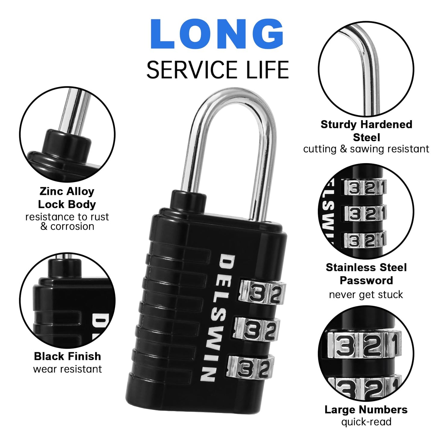 DELSWIN Combination Lock 3-Digit Small Padlock - 4Pcs Resettable Combo Lock for School Gym Locker, Outdoor, Fence, Gate, Waterproof Luggage Locks for Travel Backpack