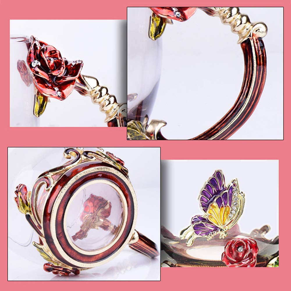 Kaiyuan Dynasty Tea Cup Glass Coffee Mugs Enamel Rose Flower Butterfly Drinking Cups with Spoon Set for Birthday Wedding Red Rose Tall Mug 12oz