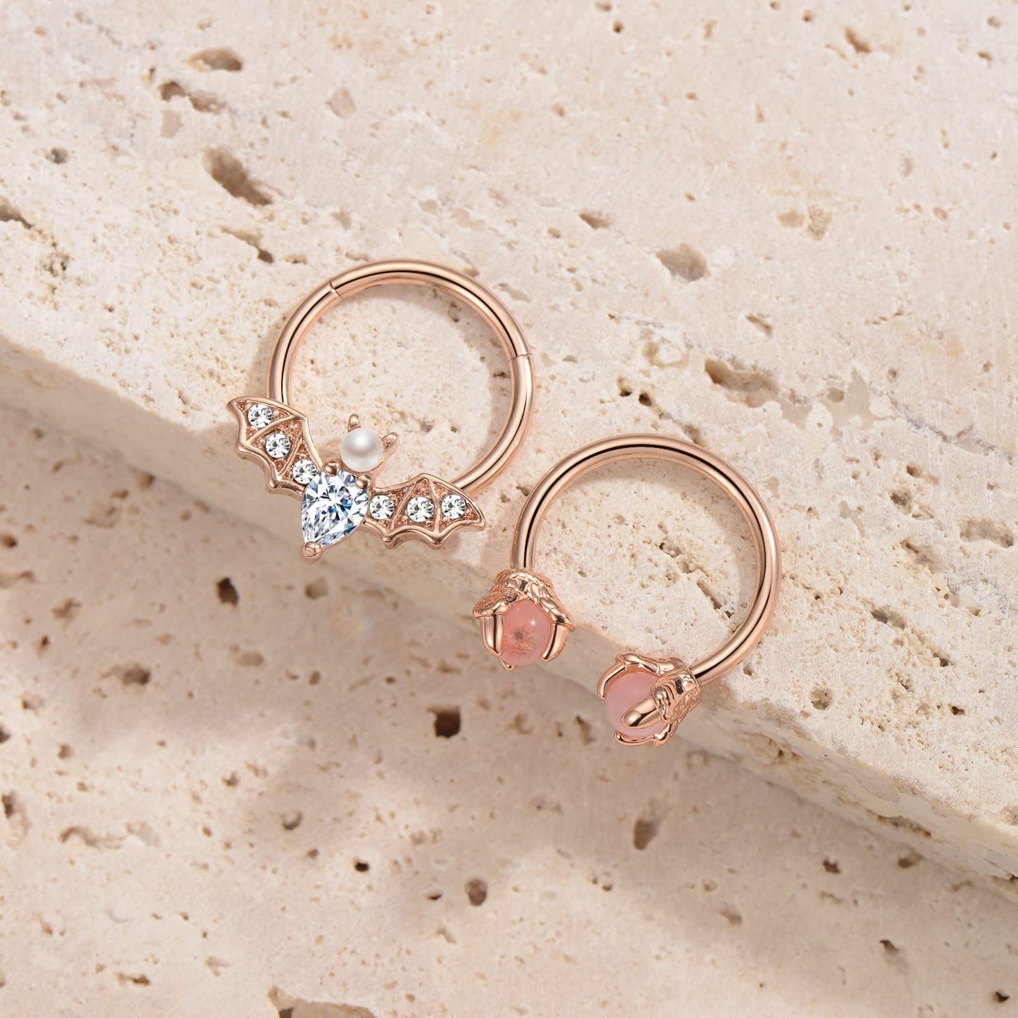 EVISPOL 2Pcs 16G Septum Nose Rings for Women Men, Stainless Steel Halloween Bat Septum Jewelry Dragon Claw Horseshoe CZ Septum Clicker Cartilage Daith Tragus Helix Ear Piercing Jewelry-Rose Gold Bat-Dragon Claw