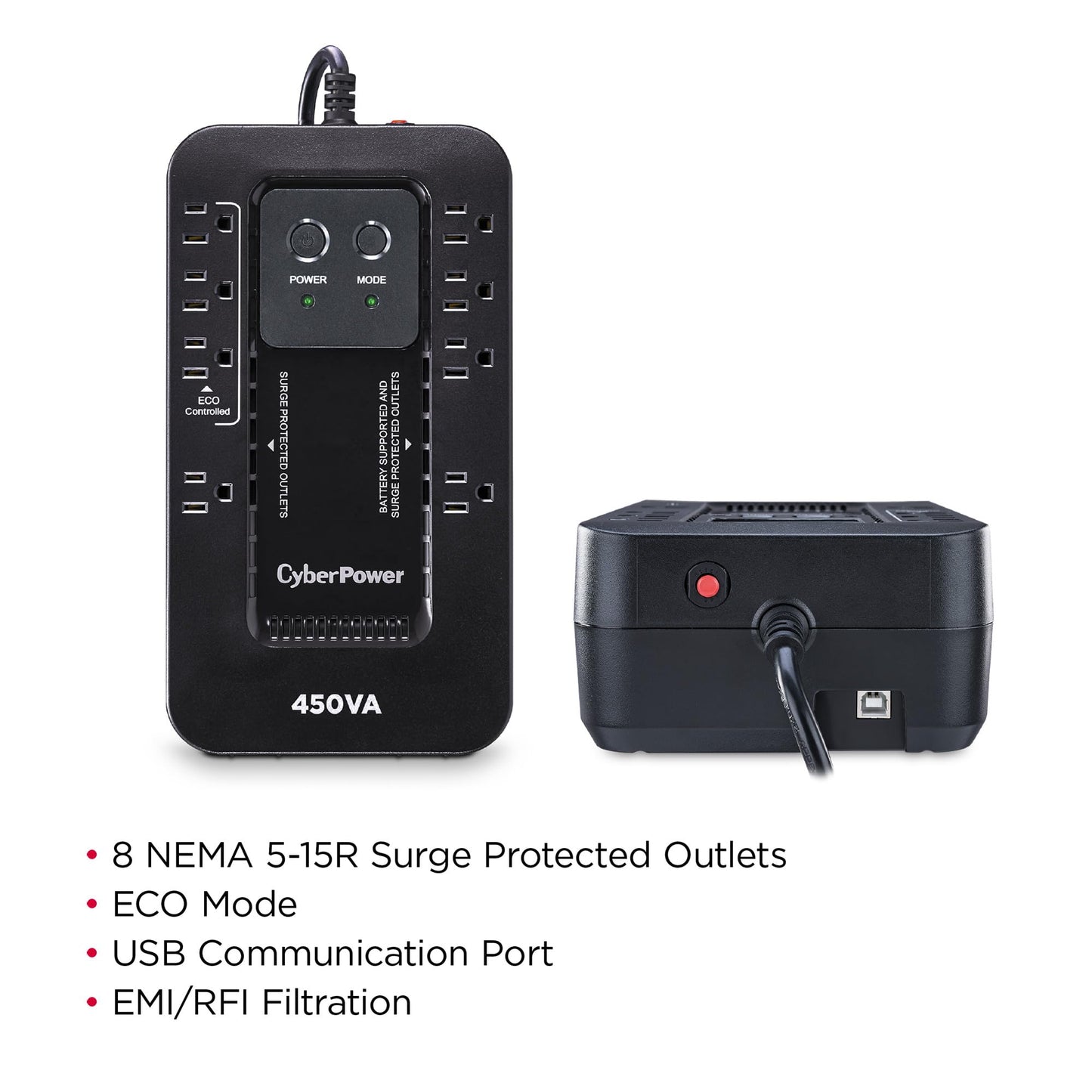 CyberPower EC450G Ecologic Battery Backup & Surge Protector UPS System, 450VA/260W, 8 Outlets, ECO Mode, Compact Uninterruptible Power Supply