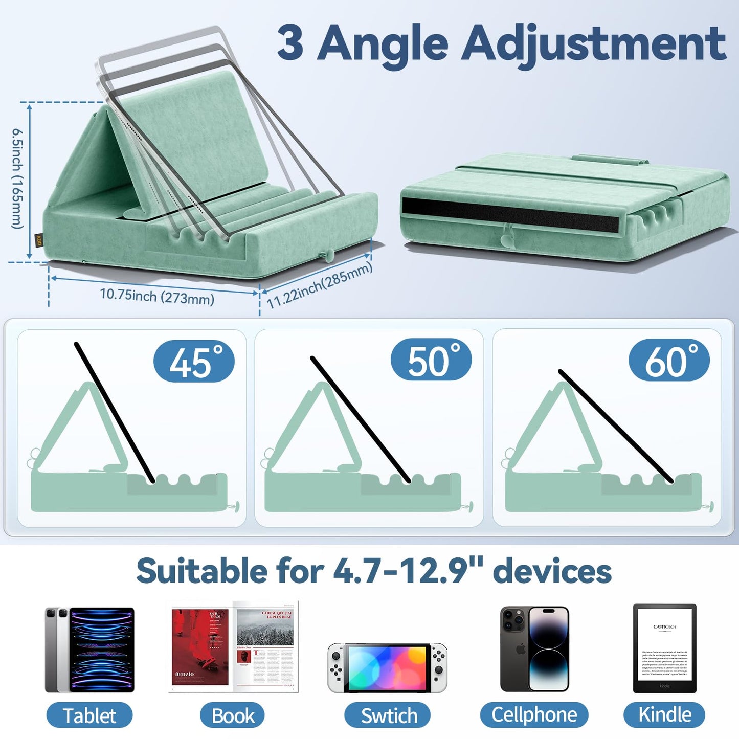 KDD Tablet Pillow Holder, Foldable iPad Stand for Lap, Bed and Desk -Tablet Soft Pad Dock with Pocket & Stylus Mount Compatible with iPad Pro 12.9, 10.5, 9.7 Air Mini 6 5 4 3, E-Reader