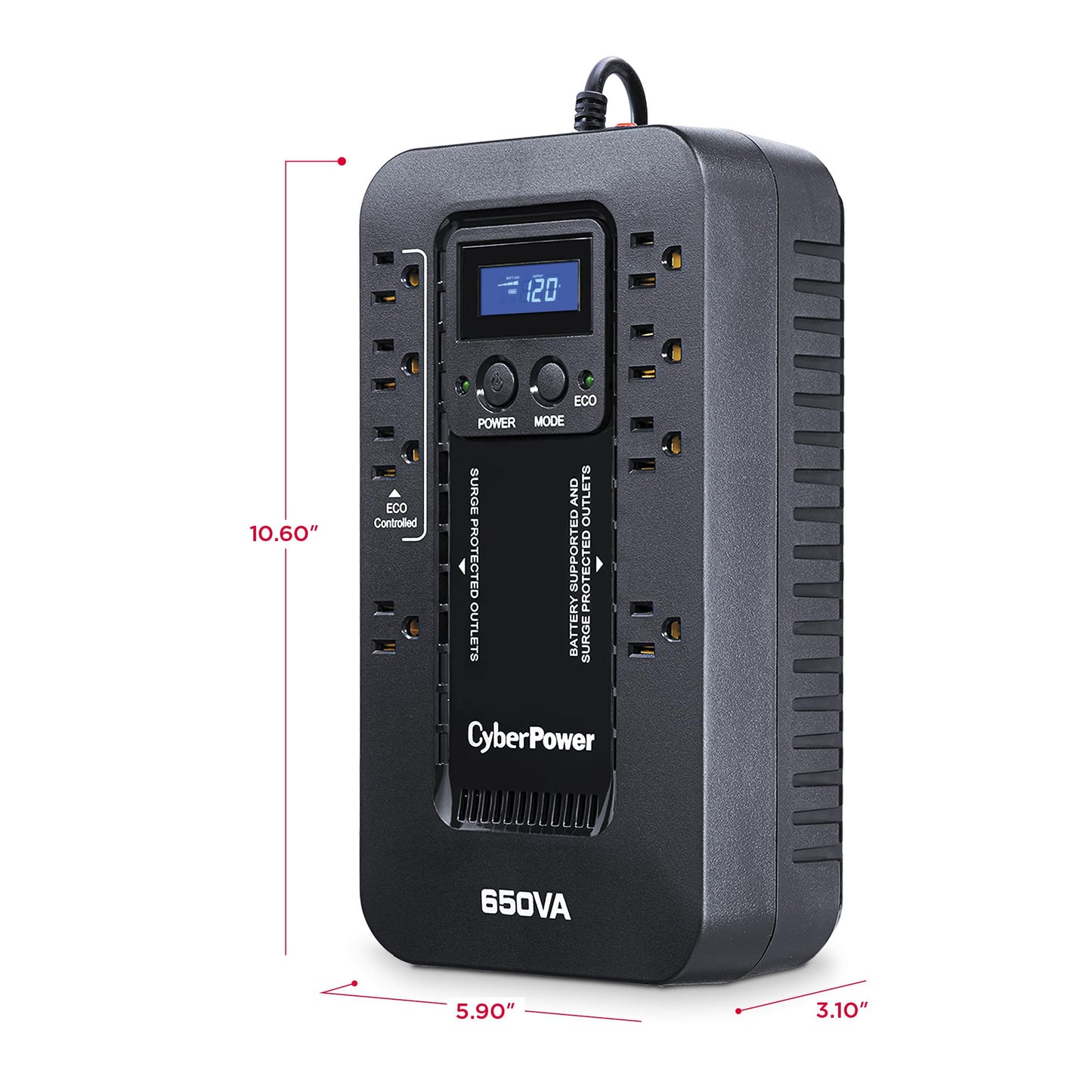 CyberPower EC650LCD Ecologic Battery Backup & Surge Protector UPS System, 650VA/390W, 8 Outlets, ECO Mode, Compact Uninterruptible Power Supply
