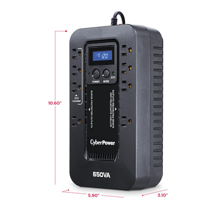 CyberPower EC650LCD Ecologic Battery Backup & Surge Protector UPS System, 650VA/390W, 8 Outlets, ECO Mode, Compact Uninterruptible Power Supply