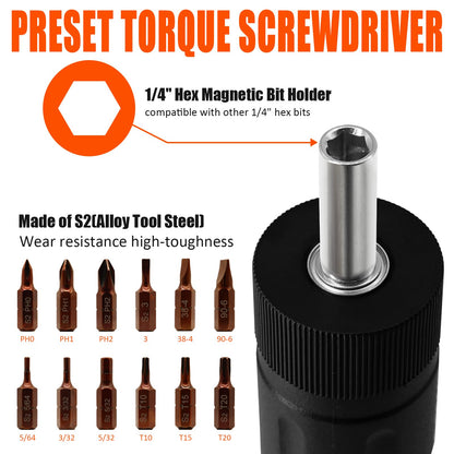Coobeast 13Pcs Preset Torque Screwdriver with S2 Bits, 1/4” Drive Torque Wrench Screwdriver Set for Maintenance, Tools, Bike Repairing and Mounting, Inch Pound Torque Range 10-70 In-lb
