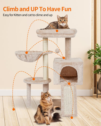 FISH&NAP Cute Cat Tree Kitten Cat Tower for Indoor Cat Condo Sisal Scratching Posts with Jump Platform Cat Furniture Activity Center Play House Beige