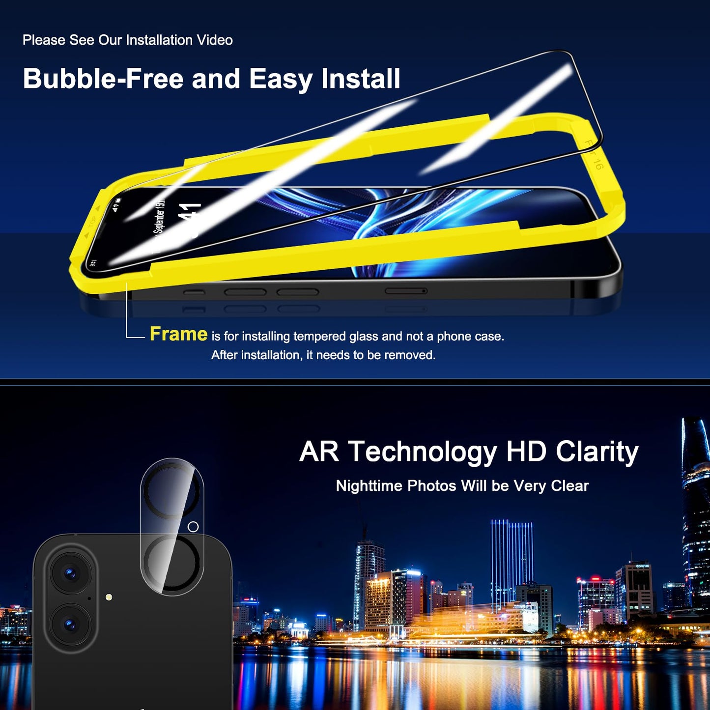 QHOHQ for iPhone 16 Pro Screen Protector with Camera Lens Protector, [Military Grade Shatterproof], Top 9H+ Tempered Glass, Full Edge Coverage, Ultra Durable, with Easy Installation Tool [3+3 Pack]